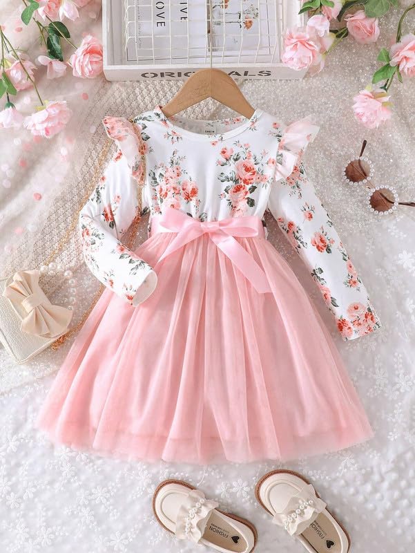 Image of Niren Enterprise 1019 Long Sleeve Printed Flower Belted Square Neck Baby Girl Frock with Knee-Length and A-Line Style
