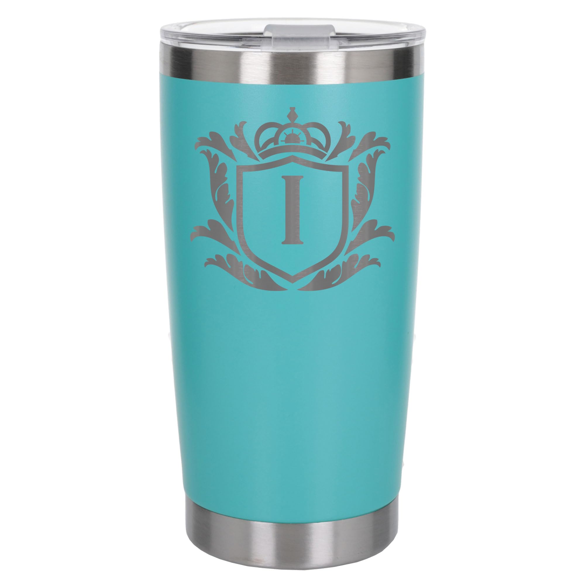 Customised Gifts 500ml Engraved Shield Initial Monogram Insulated Personalised Turquoise Travel Mug for Men and Women - Personalised Initial Coffee Travel Mug for Hot and Cold Beverages, Letter I