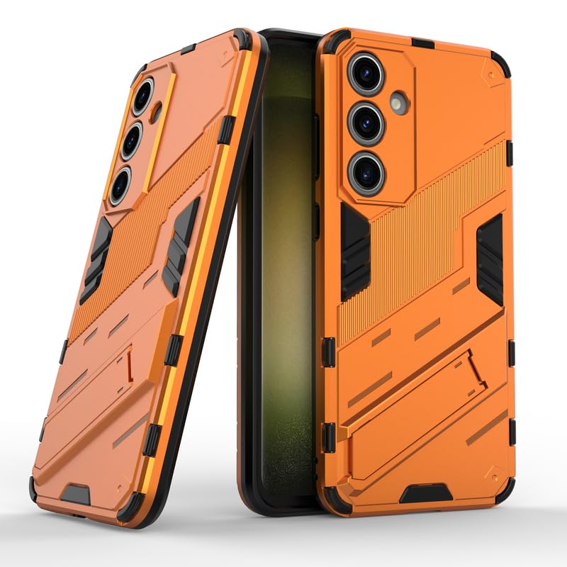 Image of Casodon Rugged Hard Back Case Cover for Samsung Galaxy S24 FE - Military-Grade Armor with Screen & Camera Guard, Dual-Layer Shockproof Design, Raised Edges, and Built-in Kickstand - Pumpkin Orange