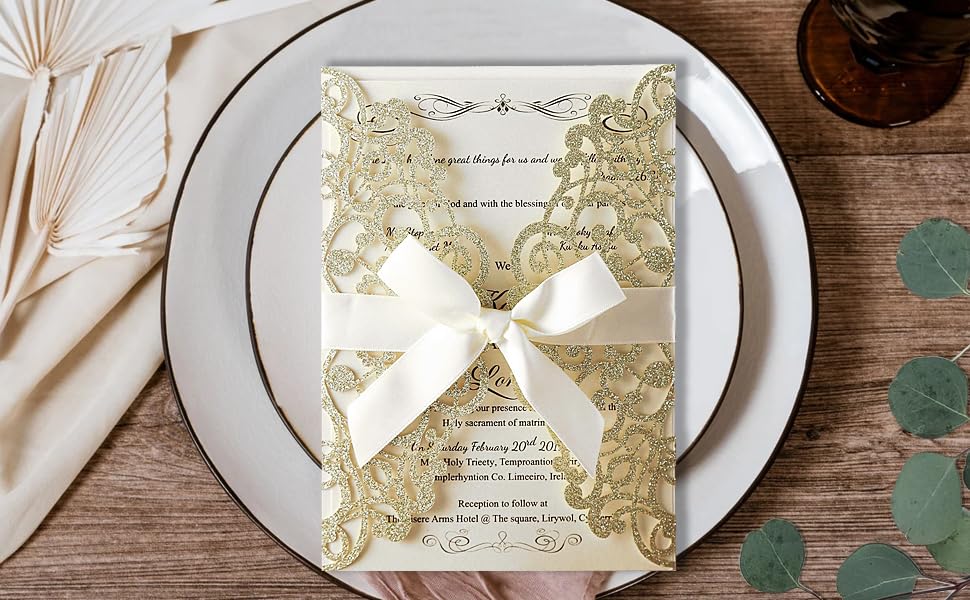 20 Inviti Matrimonio Taglio Laser Argento - Con RSVP E Bowknot, Per Feste