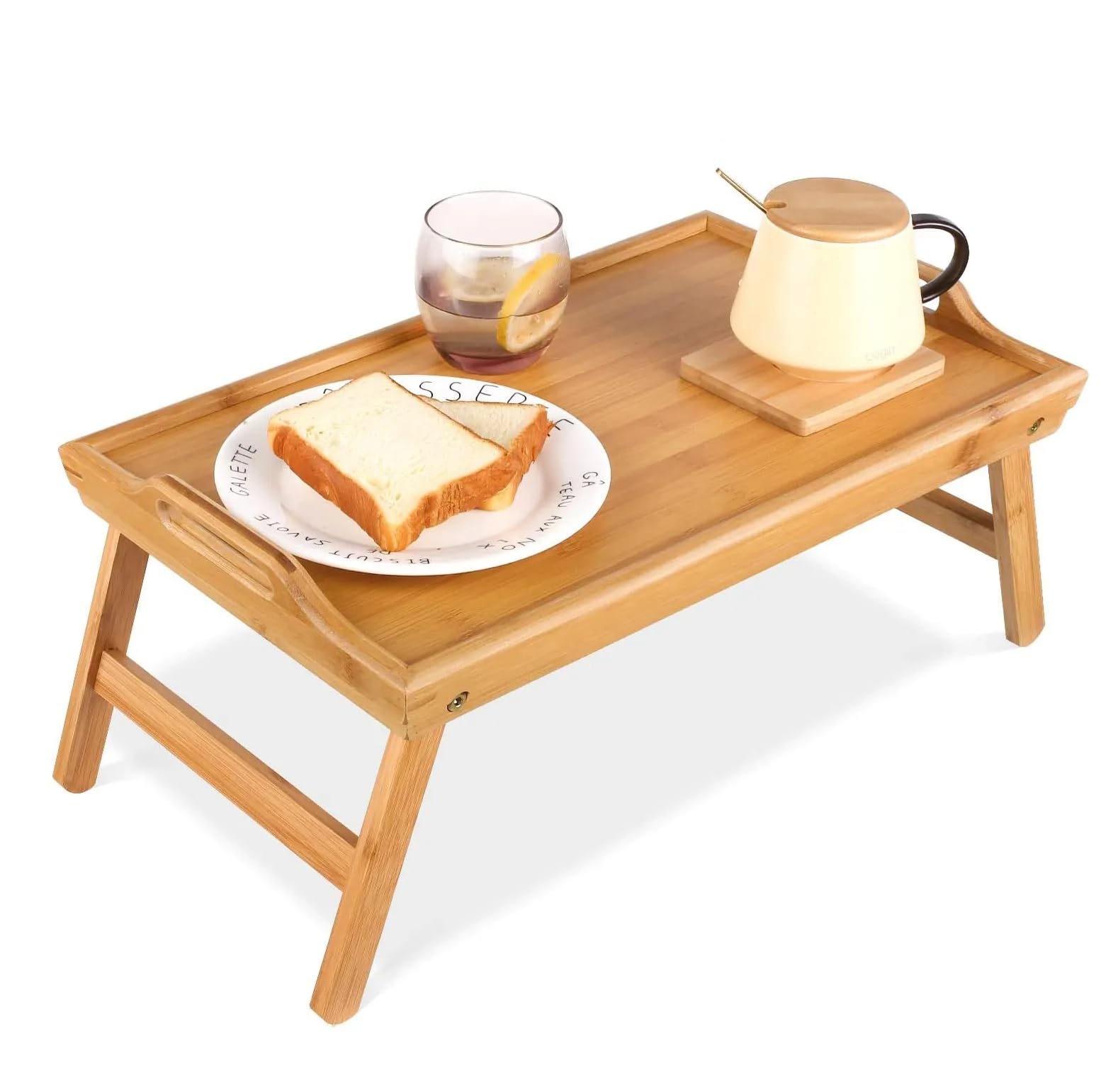 Wooden Breakfast Tray, 50 x 30 x 23 cm Serving Laptray With Folding Legs And Handles Camping Server Compact Space Saving Natural Lightweight Acacia Bed Tray Camper Van Serve in Bed