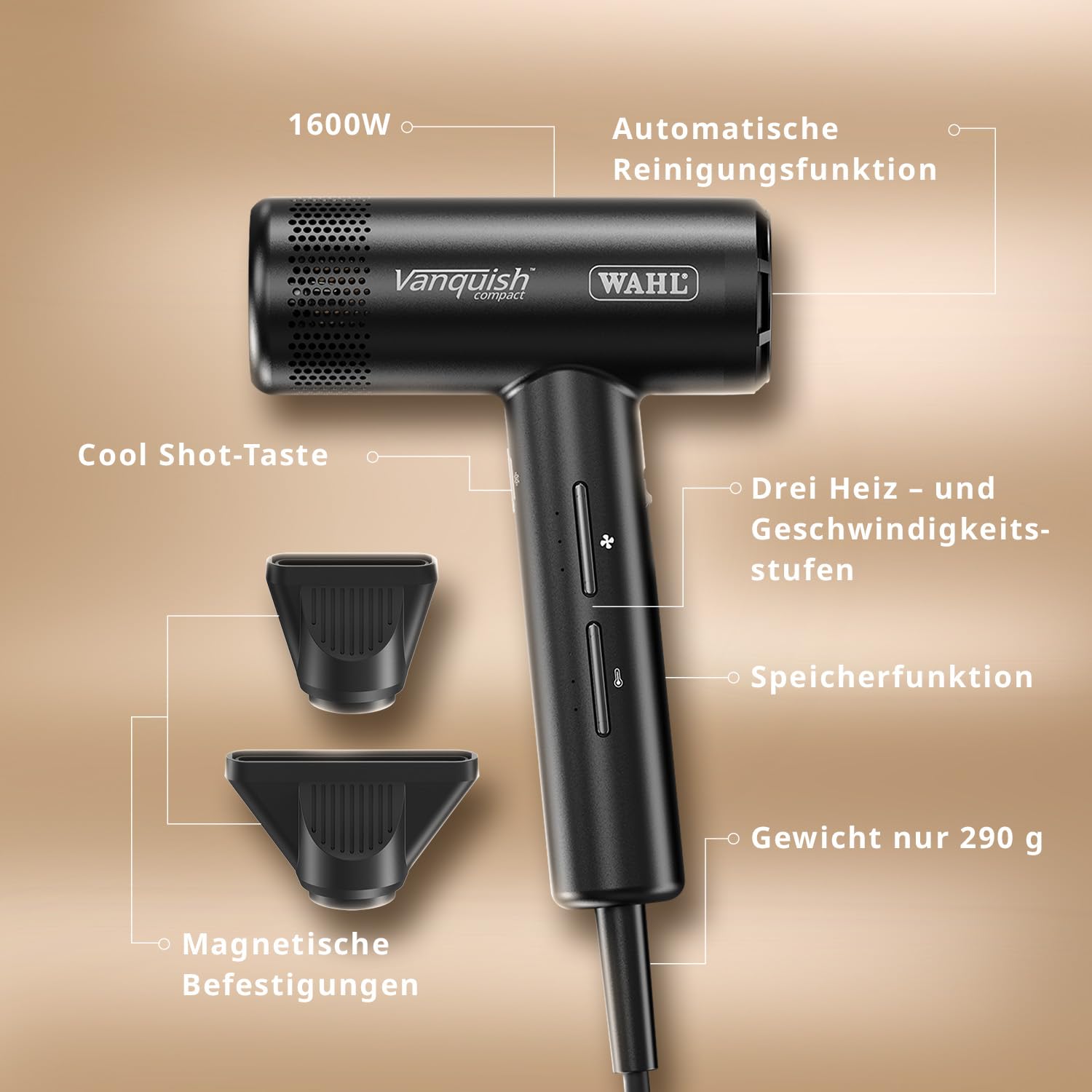 WAHL Vanquish Compact Grey Hair Dryer – Leichter Profi-Haartrockner mit leistungsstarkem Digitalmotor, 3 Hitze- und Geschwindigkeitsstufen, Kaltluftfunktion, Selbstreinigungsfunktion und Aufsteckdüsen
