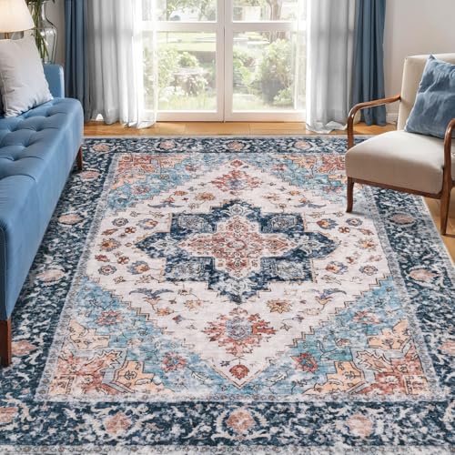 SERISSA 5x7 Boho Area Rug, Washable Large Rugs for Living Room, Ultra Soft Non-Slip Bedroom Rug Print Distressed Vintage Tribal Farmhouse Carpet Blue Orange Rug for Dining Room Dorm Office Home Decor