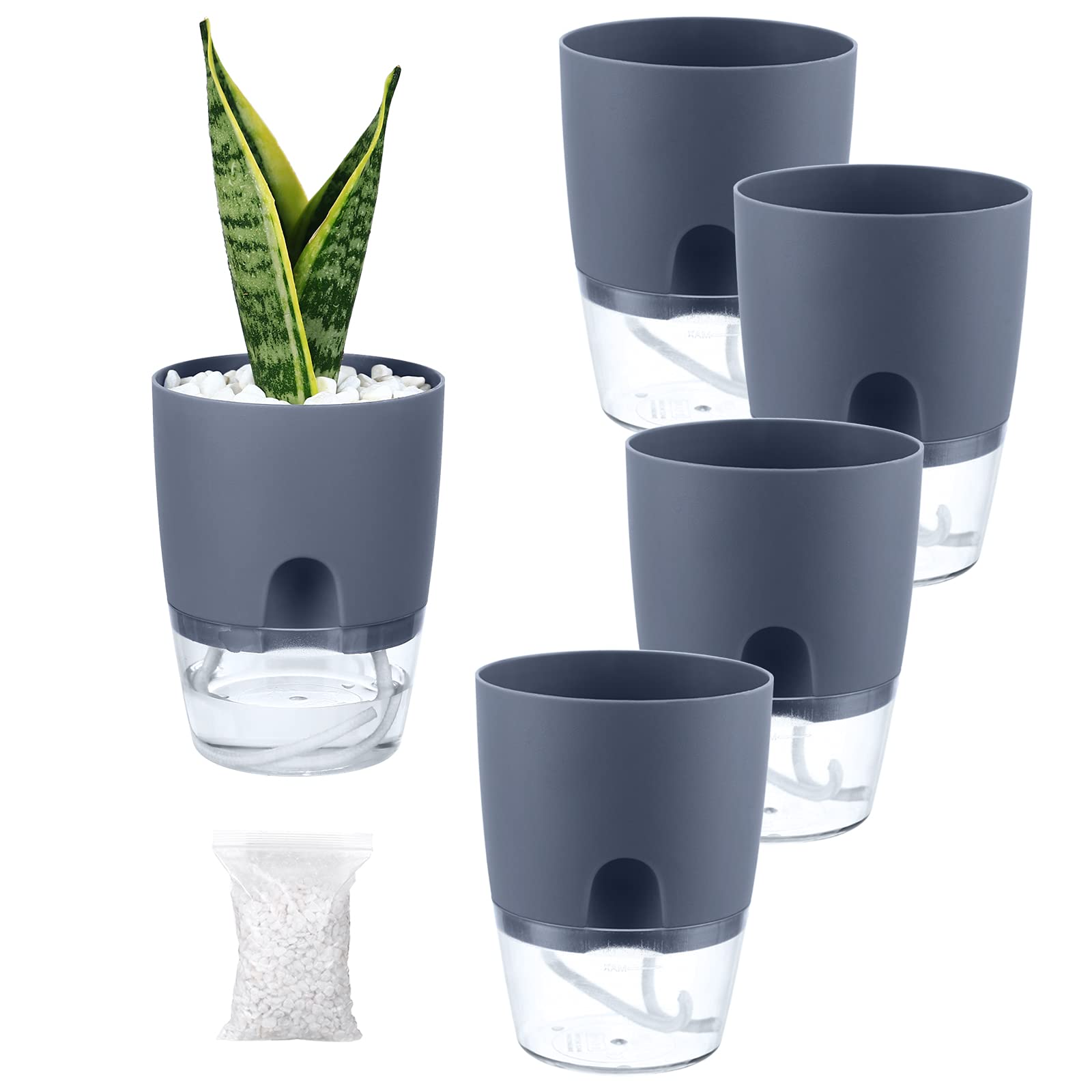 Self Watering Pots for Indoor Plants, Flower Pots Outdoor, 5 Pack 4 Inch Self Watering Planter, Plant Pots with Decorative Stones, Flower Pot, Plant Pots Indoor, Flower Pots Indoor, Grey
