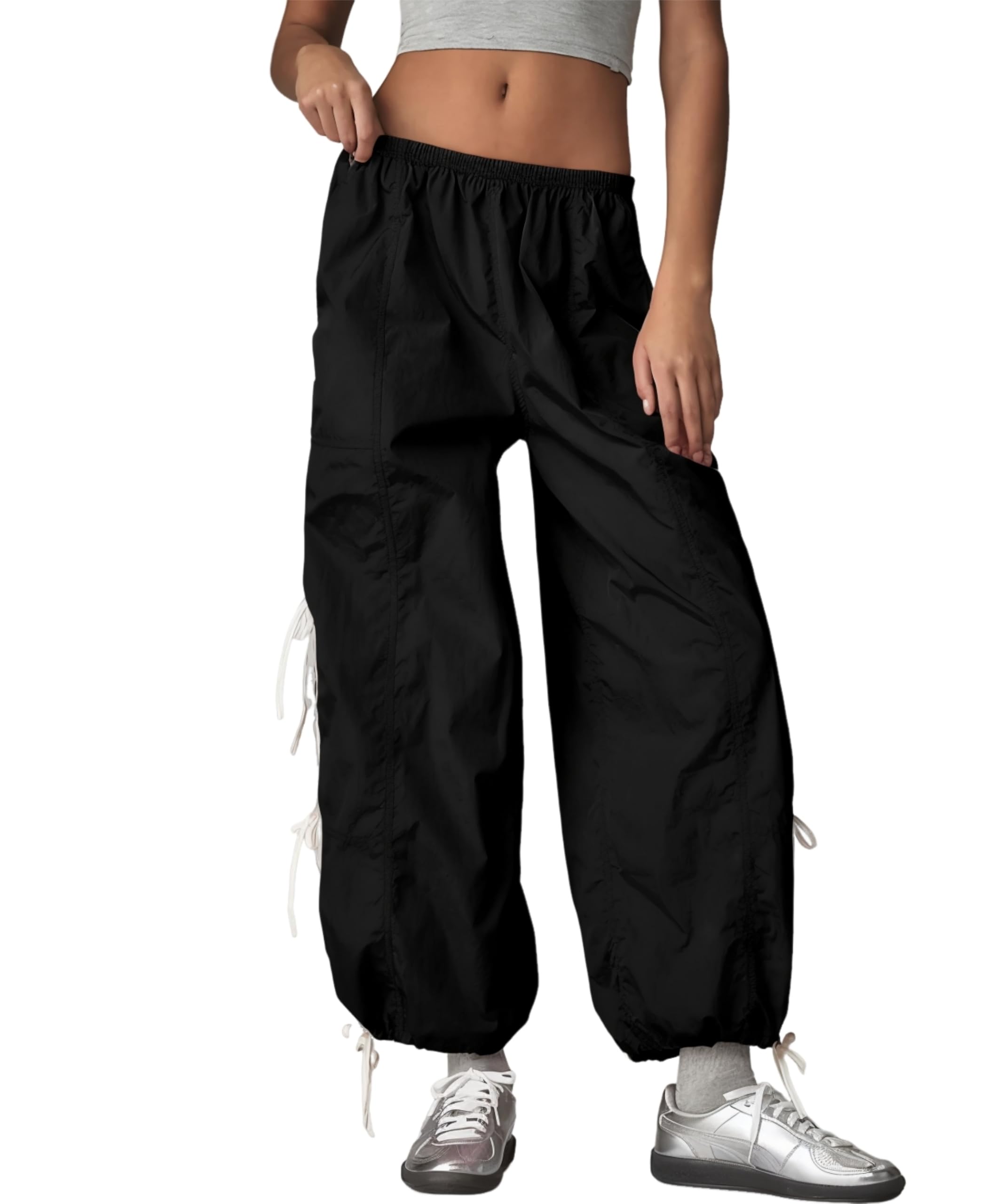 OPCAKM Women's Baggy Pants Elastic Waist Striped Track Sweatpants Parachute Pants(Black-S)
