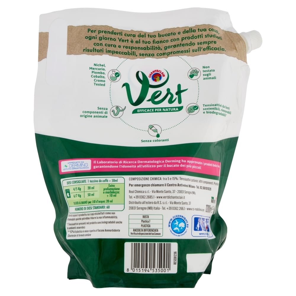 CHANTECLAIR VERT Suavizante concentrado para niños amorbidente Concentrato Bebè Talco Suavizante para ropa infantil – 60 lavados, bolsa de 1200 ml + llavero Beni Culinari