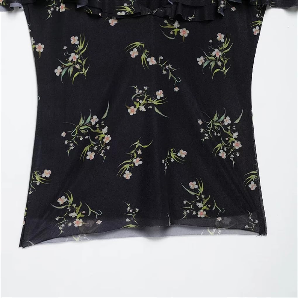 Women's Chiffon Printed Ruffle Pleated Vintage Spaghetti Strap V-Neck Top