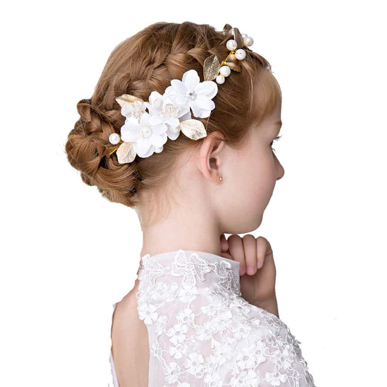ELECDON Princess Wedding Headpiece, Pearl Crystal Gold Leaf White Flowers Headwear for Wedding Tiara Flower Headband Accessories for Girl-Suitable for Shows, Wedding, Children' Day