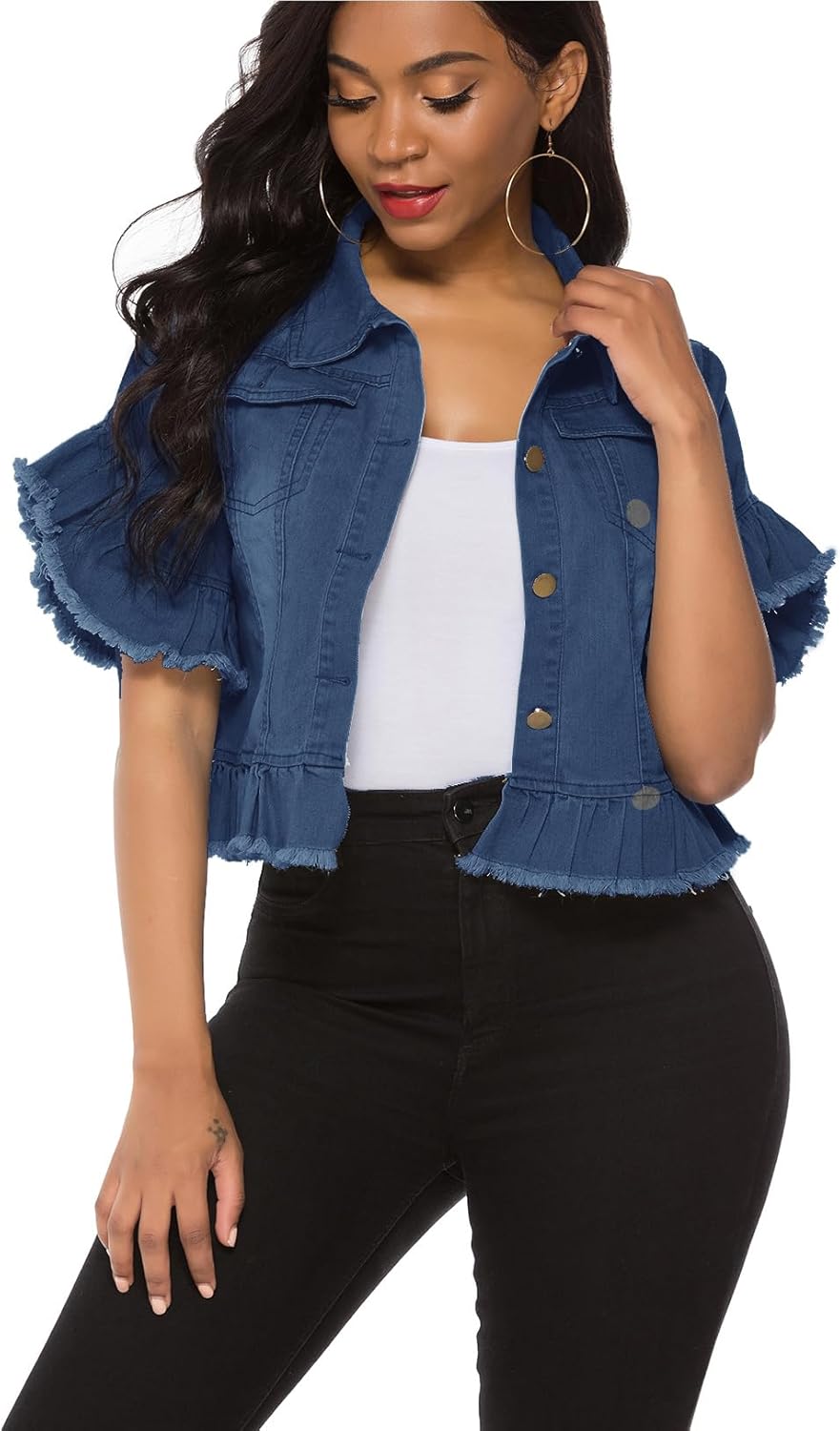 Suvimuga Women's Denim Jacket Button Down Distressed Ruffle Sleeve Crop Jean Jackets Coat - Image 4