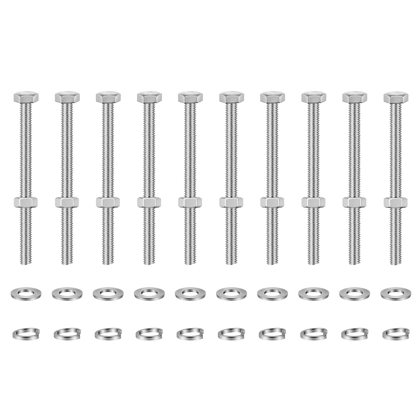 AOOSU M8 x 100mm 304 Stainless Steel Hex Head Through Wall Bolts, Fully Threaded Wall Anchor Screws with Nuts, Flat & Lock Washers, 10 Sets, Heavy Duty for Metal Construction, Machinery Use