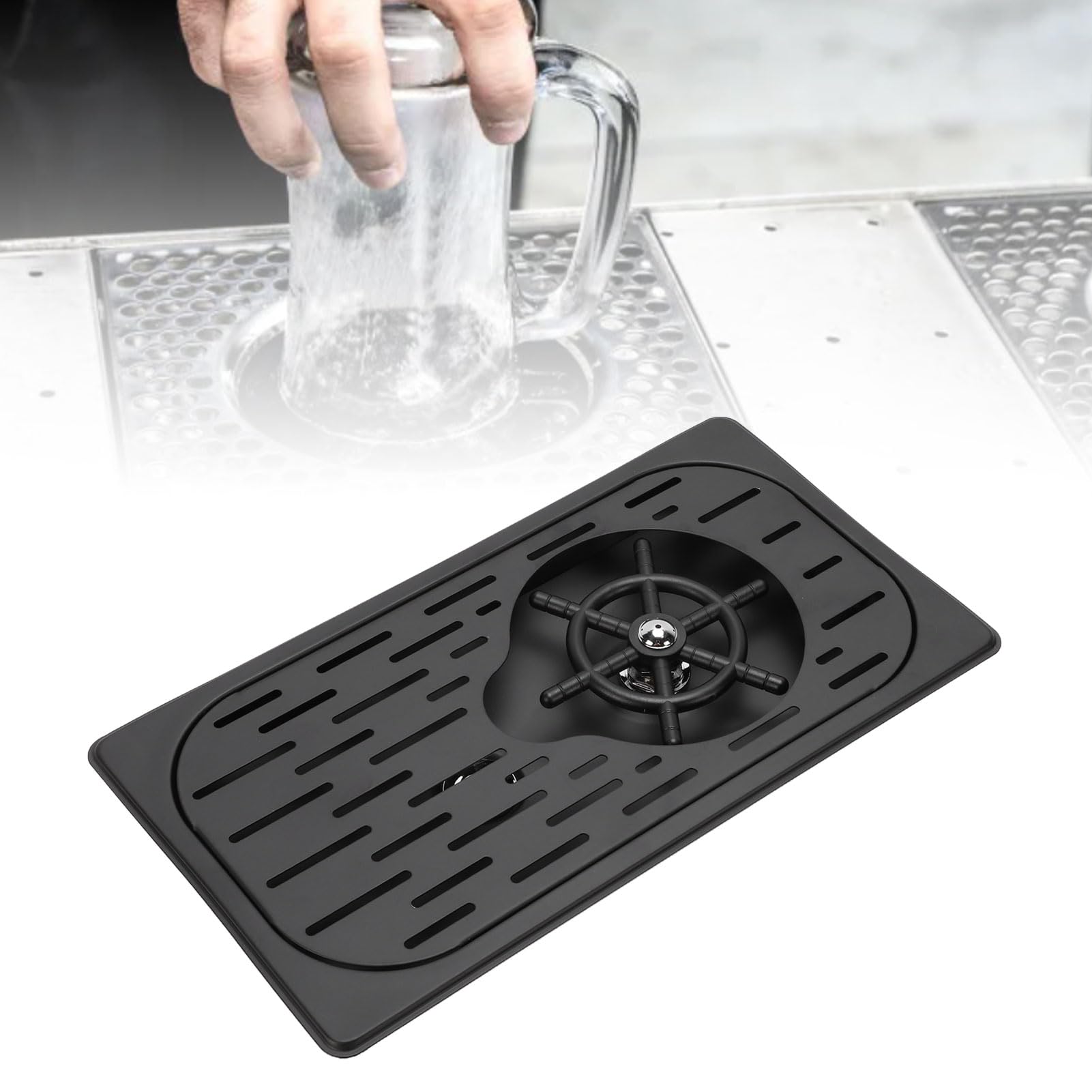 Enjuagador de Vasos Automático, Lavavasos de Acero Inoxidable con Limpieza y Drenaje por Chorro, para Vasos de Agua, Cerveza y Café (BLACK)