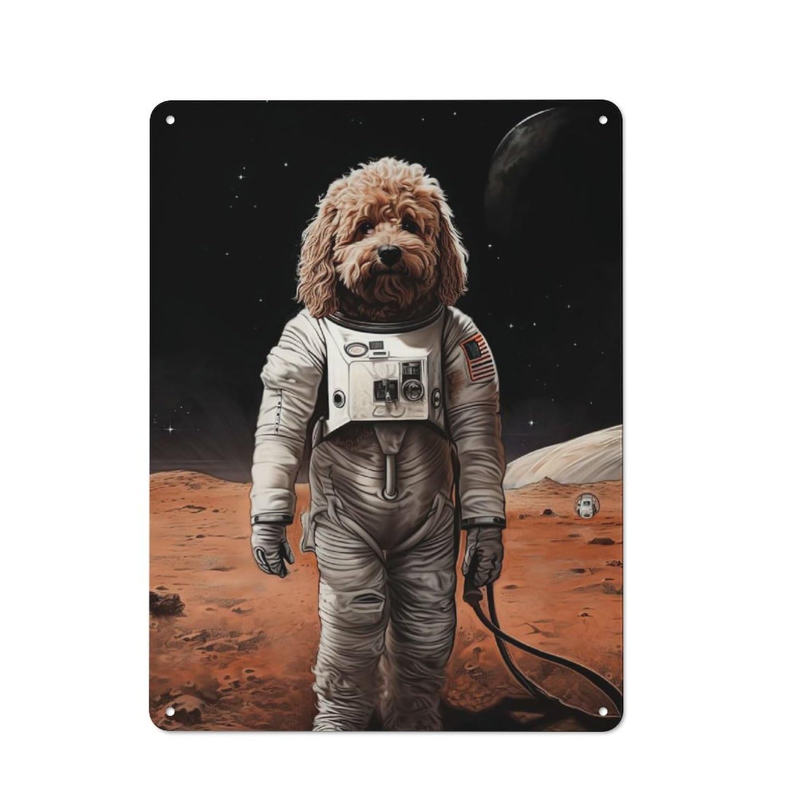 Junmoney Style-19 Metal Sign 40X30cm With Goldendoodle Dog On Mars For Workshop Wall, Rustic Decor, Wall Decoration For Workshops And Hobby Rooms