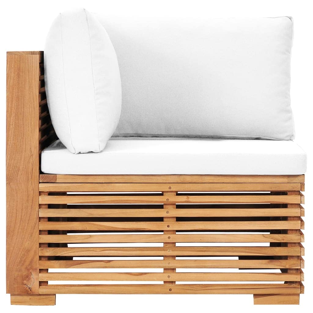 Divano da giardino angolare con cuscino bianco crema in legno massello teak per giardino, terrazza, balcone, mobili da esterno durevole con cuscino imbottito, set di divano in legno resistente