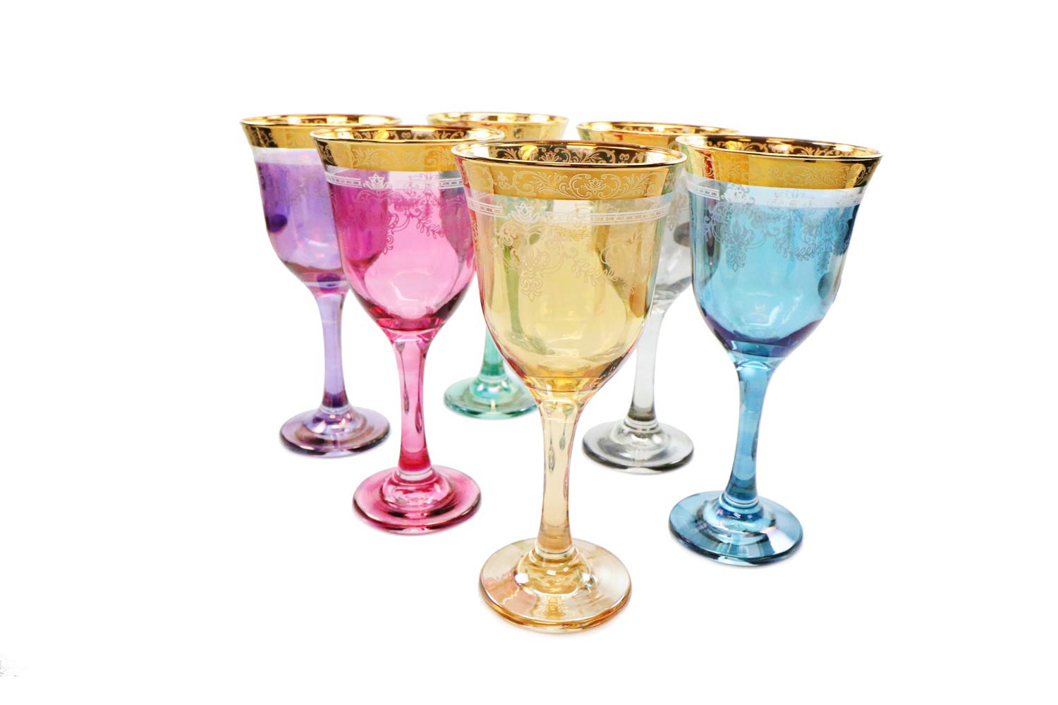 Italian Crystal 'Rainbow' Wine Glasses – 6 Piece Set With Gold Pattern, 8 Oz