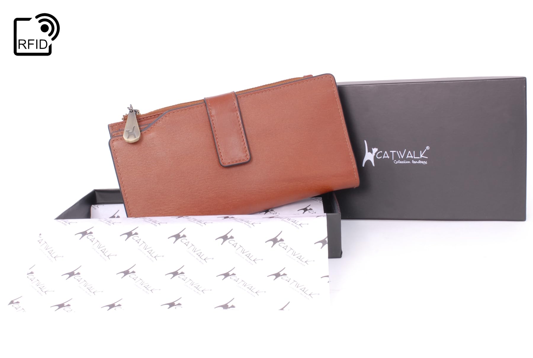 Catwalk Collection Handbags - Damen Leder Geldbörse Groß - Portemonnaie mit Handyfach - 21 Kreditkarte - RFID Schutz - Geschenkbox - Stella Hellbraun
