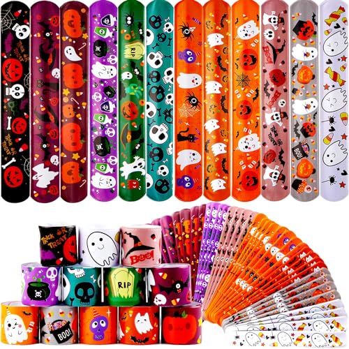 DERAYEE 48 Pezzi Braccialetti Slap Halloween,Bracciali a Scatto per Bambini,Bracelets Gadget per Festa di Halloween di Compleanno