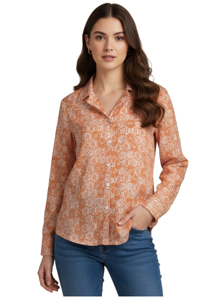 ANNI Designer Bedrucktes Damenhemd aus Baumwollmischgewebe, langärmelig, normale Passform, Hemdkragen, legere Bürokleidung, elegante Western-Kleidung für den Alltag, Hochzeit, Party
