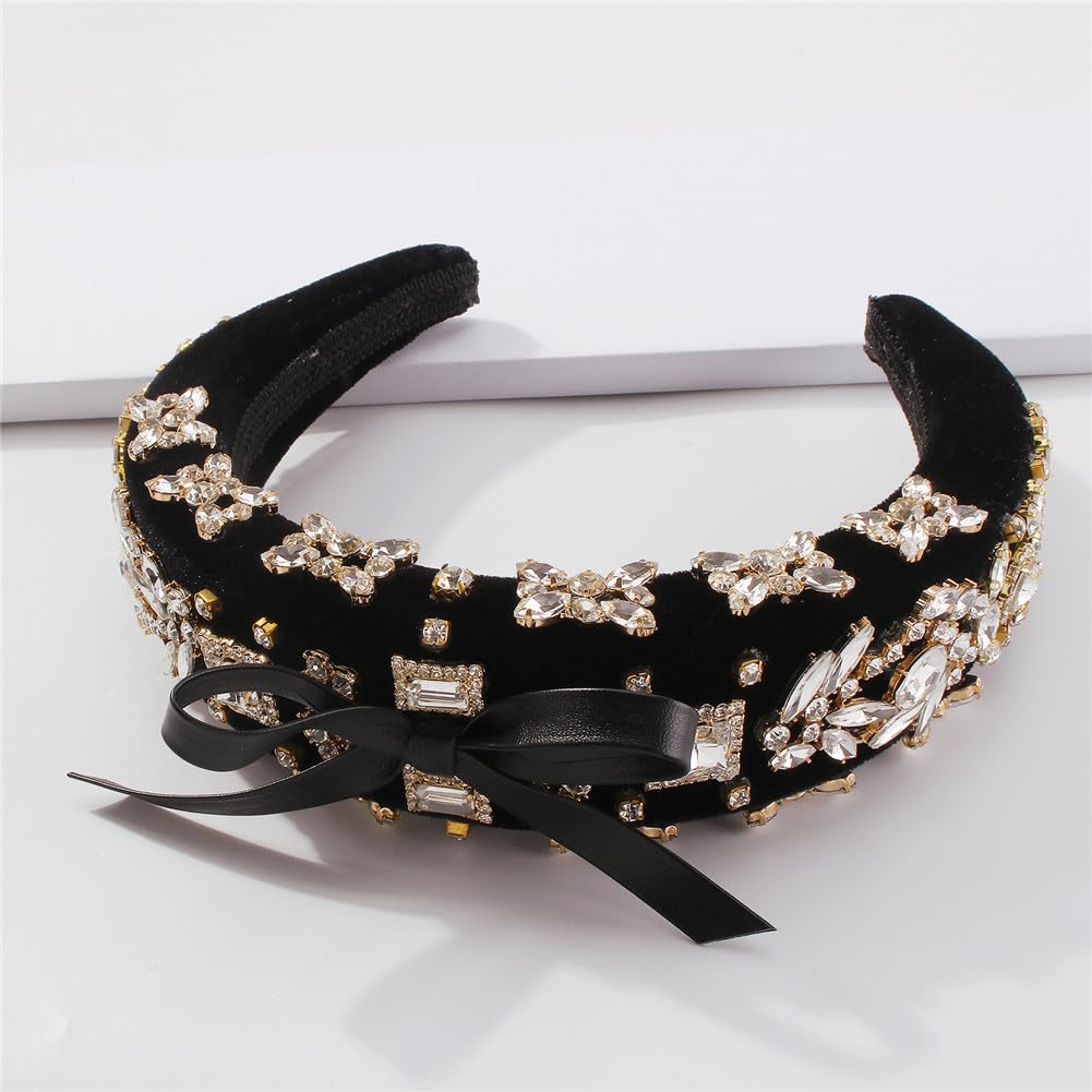 Diadema trenzada, diademas, pana con diamantes de imitación for mujer, lazo de Pu, diadema acolchada geométrica, accesorios for el cabello de cristal for novia y boda(Black)