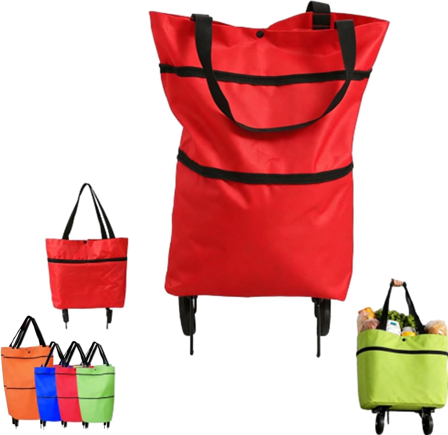 2-in-1 Foldable Shopping Cart with Wheels Waterproof Oxford Fabric Grocery Bag Hand Truck Collapsible Portable Rolling Tote for Supermarket Laundry Travel (Red)