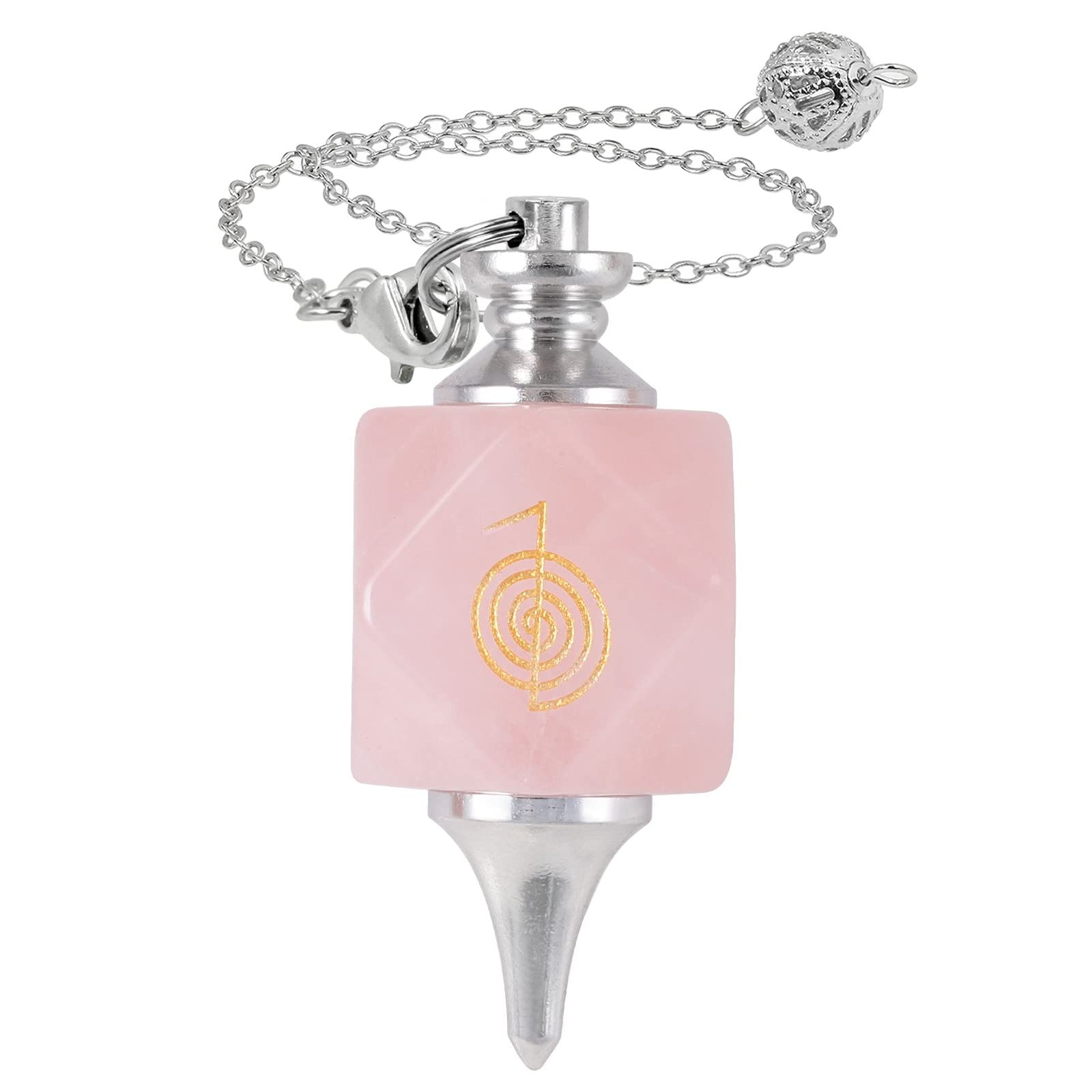 mookaitedecor Péndulo de Cristal Natural con Símbolo Reiki para Radiestesia y Adivinación, Péndulo Poliédrico de Piedra de Cristal Reiki con Cadena para Meditación y Herramienta Wicca, Cuarzo Rosa