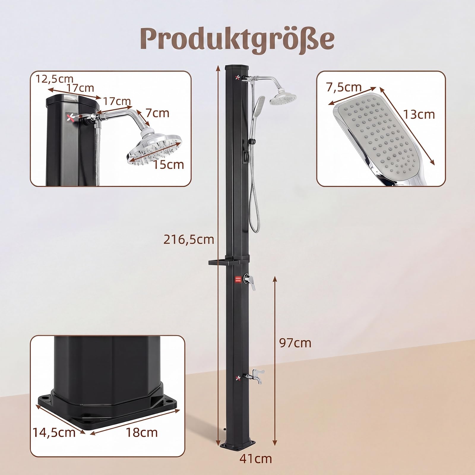 SOARS Solardusche 35L, Gartendusche bis 60°C mit Ablage, Handbrause, 360° Duschkopf & Fußdusche, Campingdusche mit Schutzhülle, Pooldusche, Außendusche für Garten, Pool, Camping & Strand, Schwarz