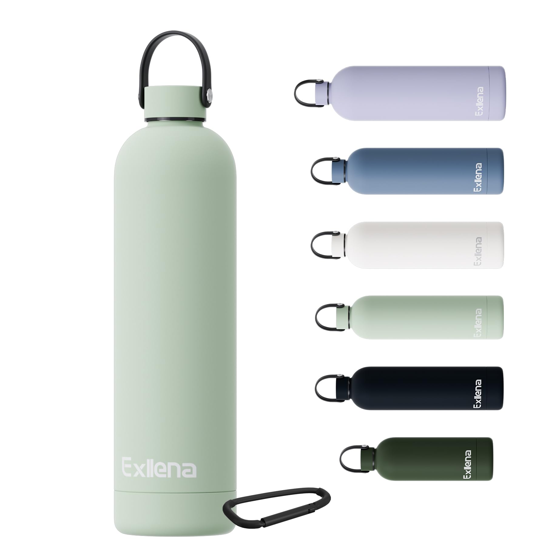 Exllena Borraccia Termica 1 Litro con Maniglia e Moschettone - Bottiglia Termica 1 Litro Mantenere Calore/Freddo - Senza BPA - 100% A Tenuta Stagna per Escursioni, Campeggio, Viagg...(Verde Latte)