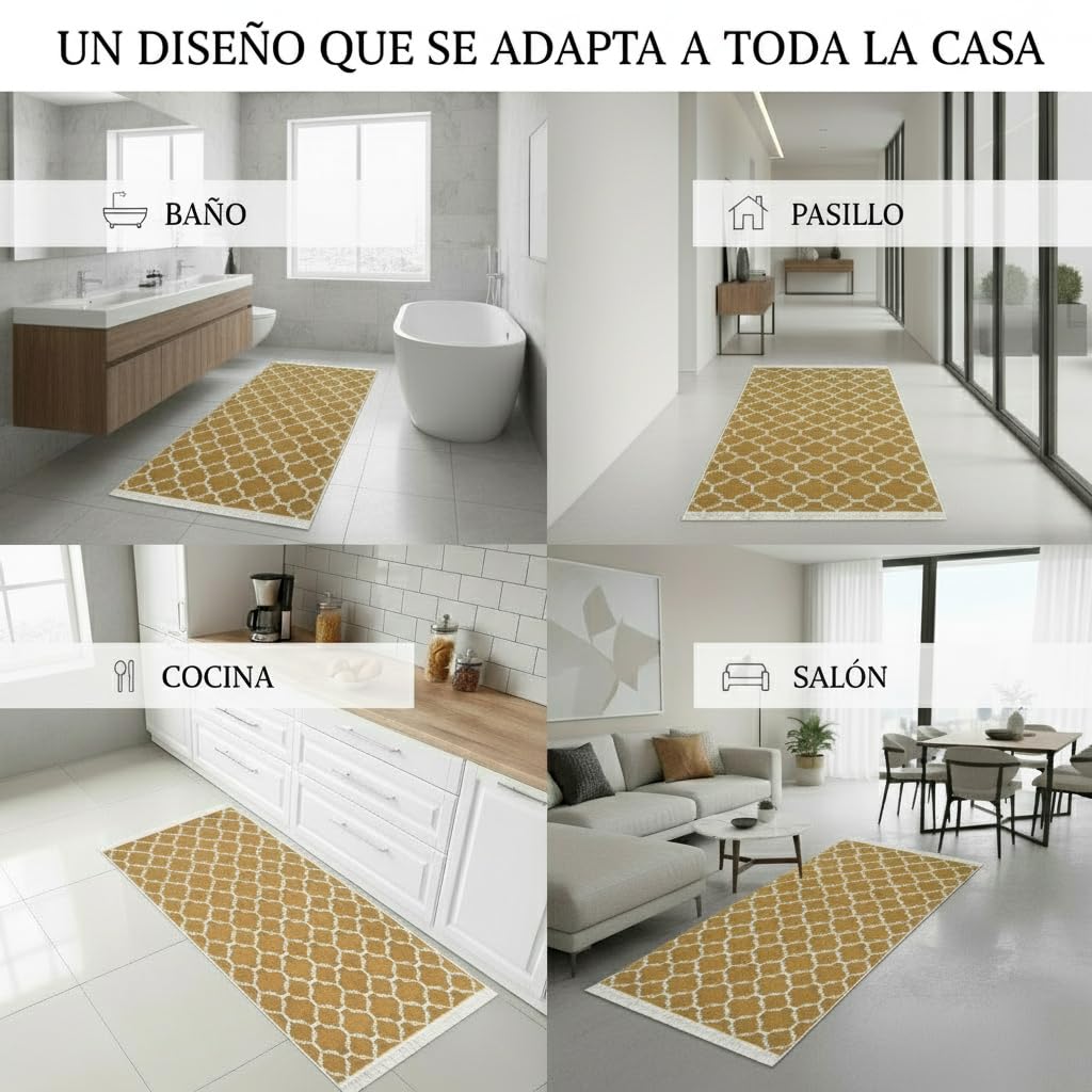 Jimri Alfombra de Pasillo - alfombras para salón, Dormitorio, Cocina, habitación Infantil, baño - Alfombra Boho Kelim - Morocco-Gold White, 160 x 230 cm