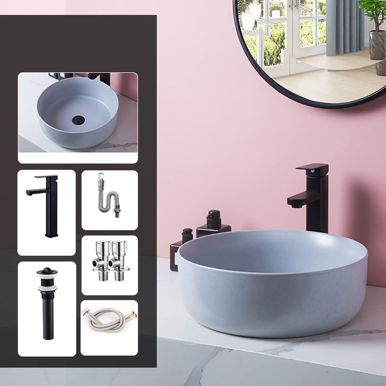 Umywalka Łazienkowa Nablatowa, Okrągła Porcelanowa Umywalka Artystyczna Z Czarnym Kranem I Odpływem, Ceramiczna Umywalka Nablatowa Do Łazienki W Barze