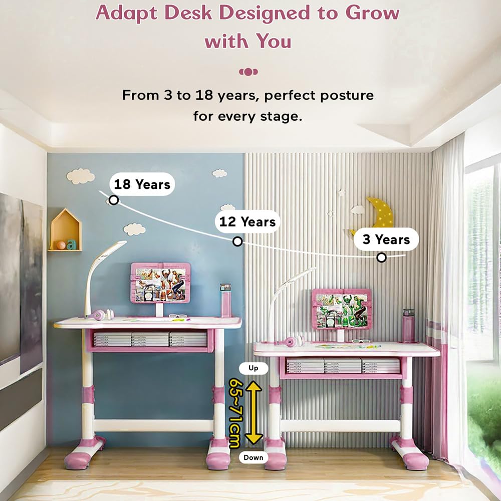 StarAndDaisy Kids Functional Desk and Chair Set, Height Adjustable Children School Study Table with, Bookholder Slot, LED Lamp, Storage for Boys Girls 4-12 Years. (K80-Pink+) - Image 4 thumbnail