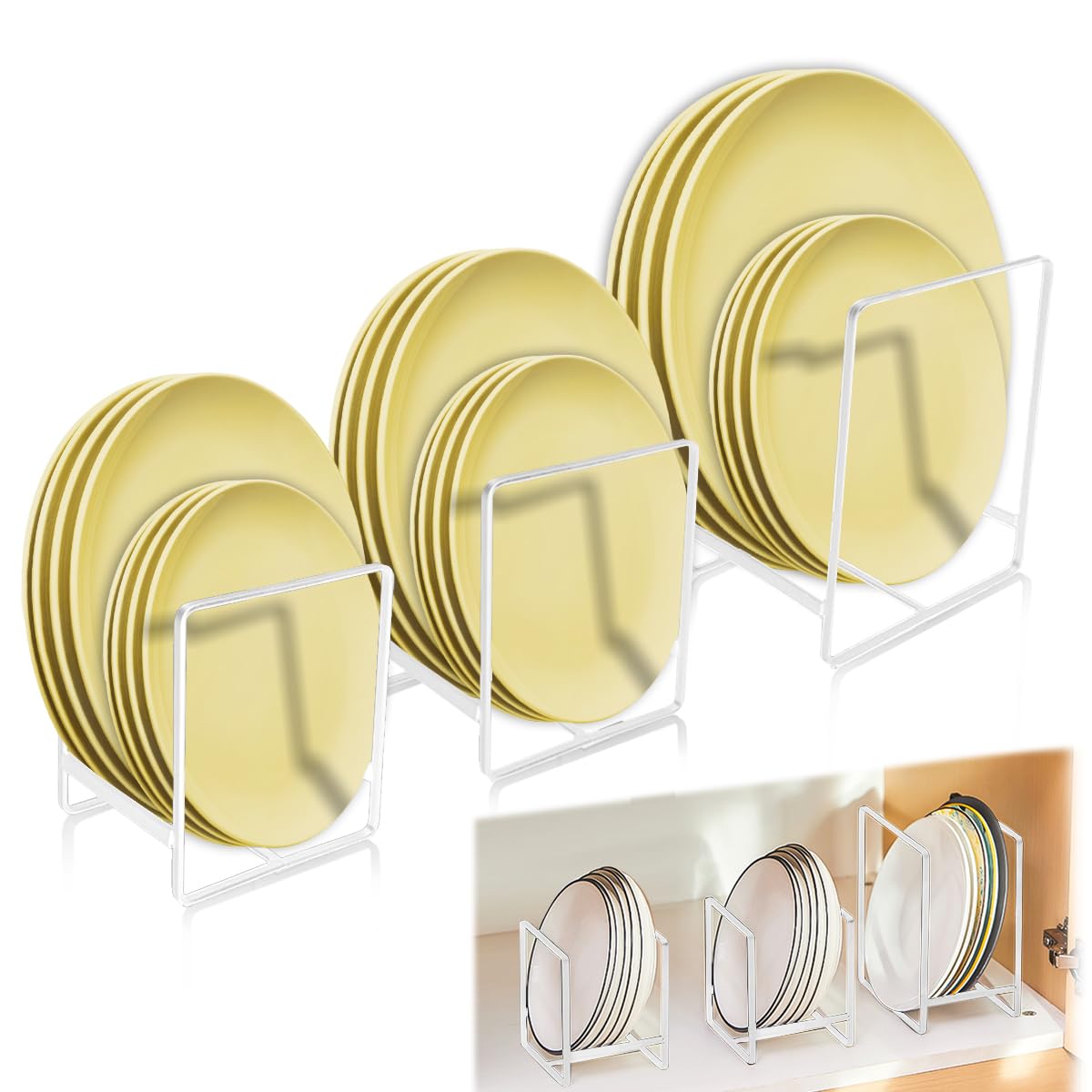 3 PCS Organizador Platos Armario Cocina, Metal Soporte Platos, Plateros de Cocina, Soporte para Platos Upright, Plateros de Cocina Mueble, Organizadores de Cocina (white)