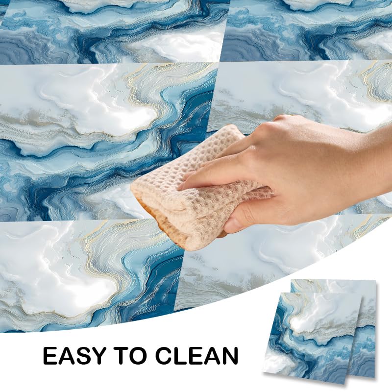 Image of Nuxovilar Peel and Stick Vinyl Floor Tiles, 12x12 Inch | Modern Abstract Blue Gold Fluid Marble Pattern, Self-Adhesive Flooring (10 Pcs)
