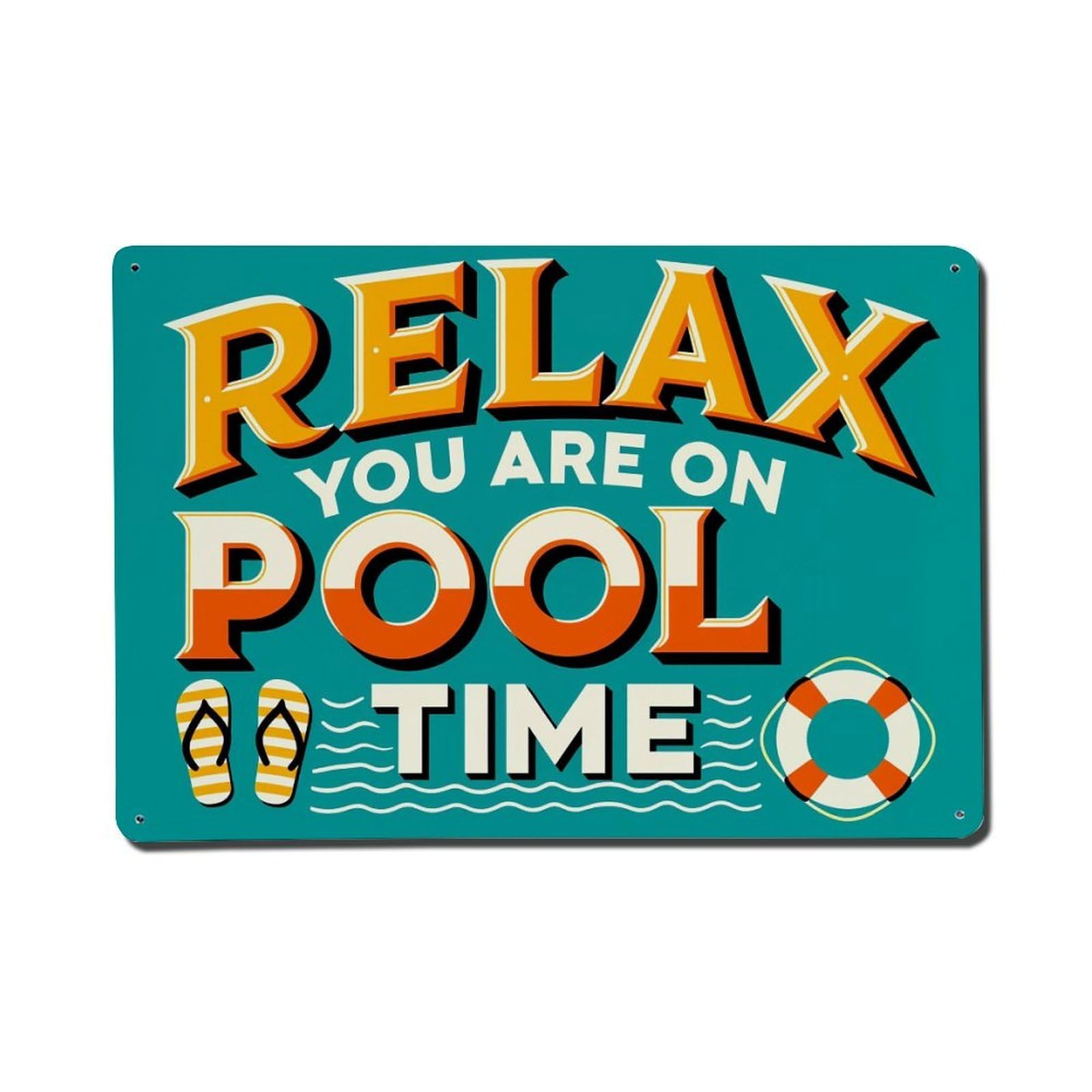 Relax You Are On Pool Time Tin Sign Vintage Metal Poster, Home Bar Garage Man Cave Cafe Indoor & Outdoor Wall Decoration 8x12Inches