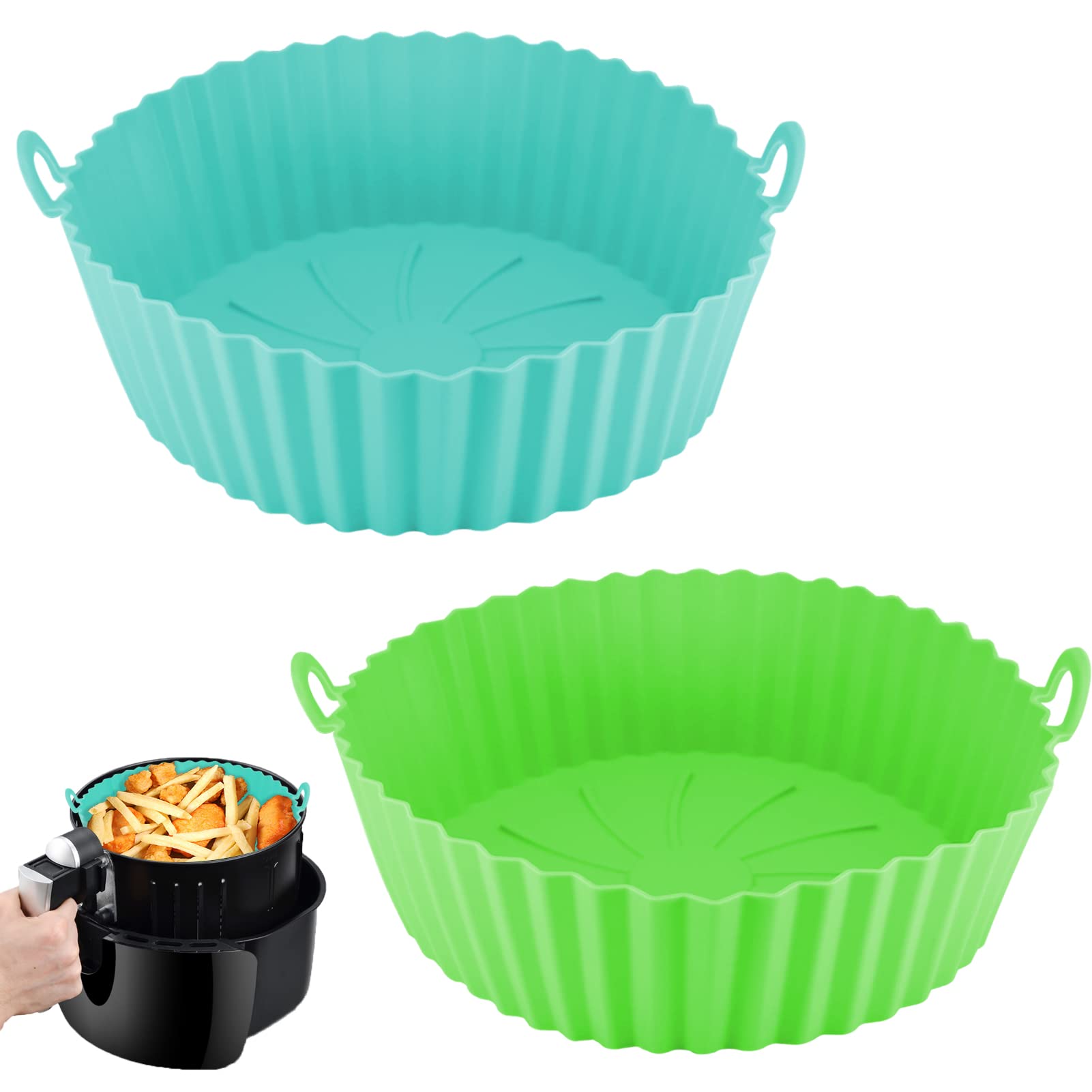 Photo 1 of 5 PACKS Anlige 2 Pack 8 Inch Air Fryer Silicone Liners, Silicone Air Fryer Basket, Pot Suitable for Insert 3 to 6 Qt Airfryer, Reusable Round Baking Tray Oven Accesories (Teal | Green) blue + green