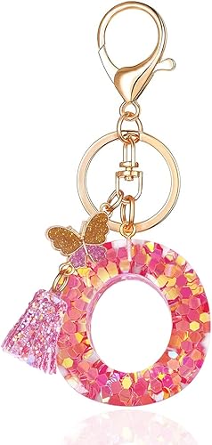 LAXPICOL Llavero naranja rosa de la A a la Z para mujer, monedero, bolso de mano, mariposa, rosa, lentejuelas de resina, alfabeto, letra inicial,