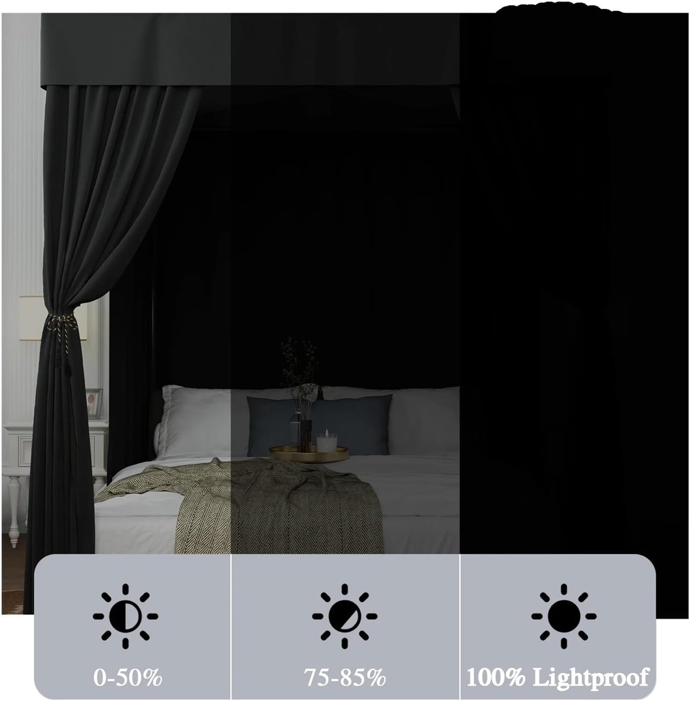 Canopy Bed Curtains Queen/King Black Four Corner Post Bed Canopy Curtains Sheer for Adults Girls Bedroom Decoration Lightproof Windproof(Color 1,Queen)