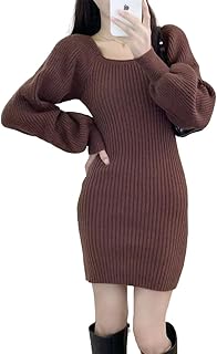 [Hanmall] ニットワンピース パフスリーブ ミニ セクシー FREE SIZE 膝上 デザイン 秋 長袖 女性用 ギャル ワンピース 冬ワンピース LON161