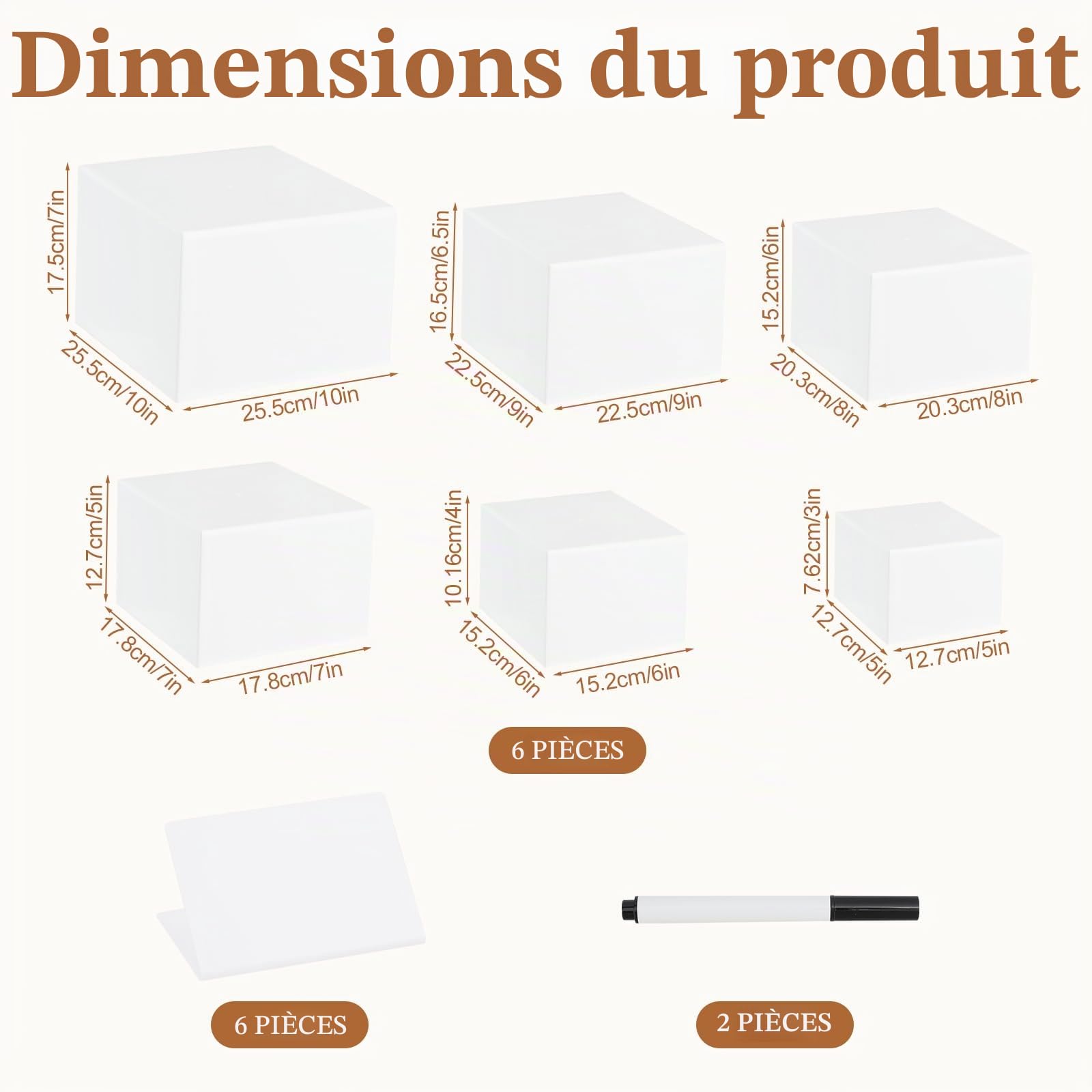 Lot de 14 rehausseurs empilables en acrylique pour buffet, 6 tailles, avec 6 mini panneaux et 2 stylos, présentoir de table avec fond creux pour fêtes, anniversaires et mariages (13 à 26 cm)