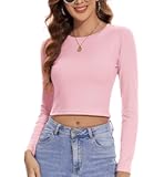 Pink Long Sleeve Crop Top for Women Teen Girl Crew Neck Juniors Fitted Tshirt Cropped Workout Athletic Y2k Full Undershirt Casual Summer Trendy (Pink XXS)