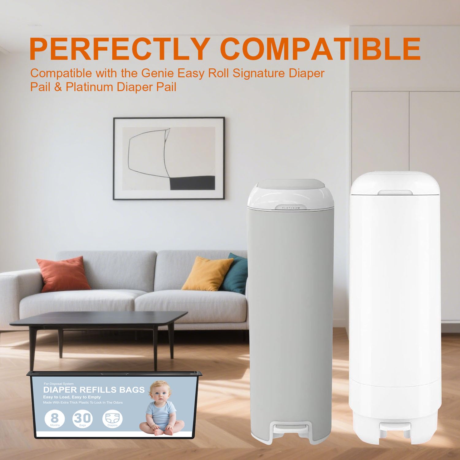 Diaper Pail Refills Bags Compatible with Genie Easy Roll Signature and Platinum Diaper Pails,120 Refills Holds Up to 5600 Newborn Diapers,7-Layer Odor-Barrier Technology (4 Pack)