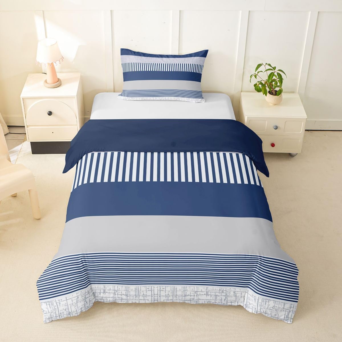 Feelyou Stripe Duvet Cover Toddler Size Geometric Comforter Cover for Boys Girls Modern Art Bedding Set 2Pcs Room Decor