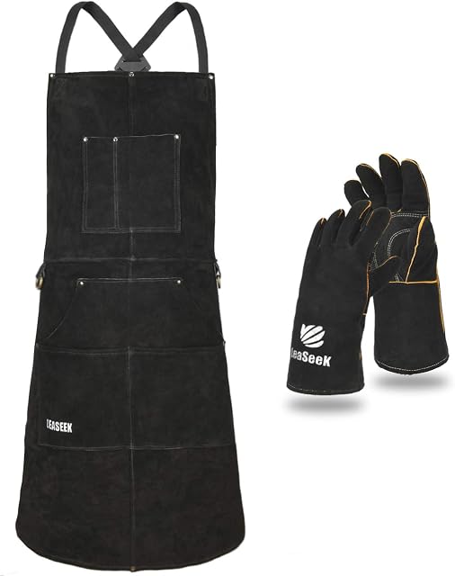 LeaSeek Leather Welding Apron,Heat & Flame-Resistant Heavy Duty Work Apron with 6 Pockets