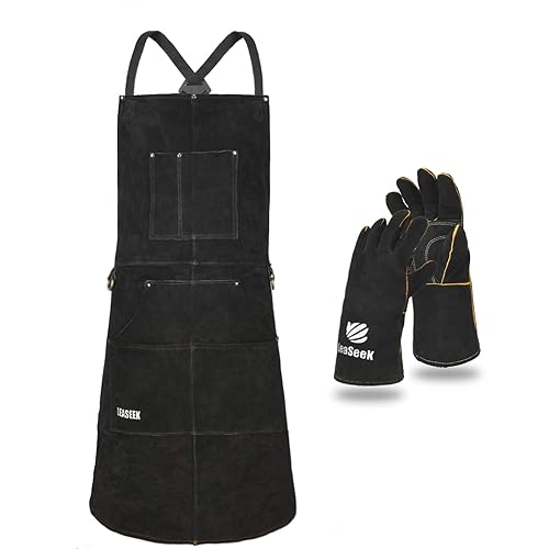 LeaSeek Leather Welding Apron,Heat & Flame-Resistant Heavy Duty Work Apron with 6 Pockets,Woodworking Shop Apron - Black - 24"x 36" With Gloves