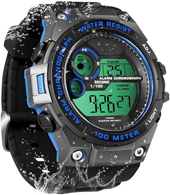 Mens Boys Swimming Watch 100m Water Resistant Diving Watch with Stopwatch, Chronograph, Alarm Functions, Dual Time Zone, 12/24 Hours Format