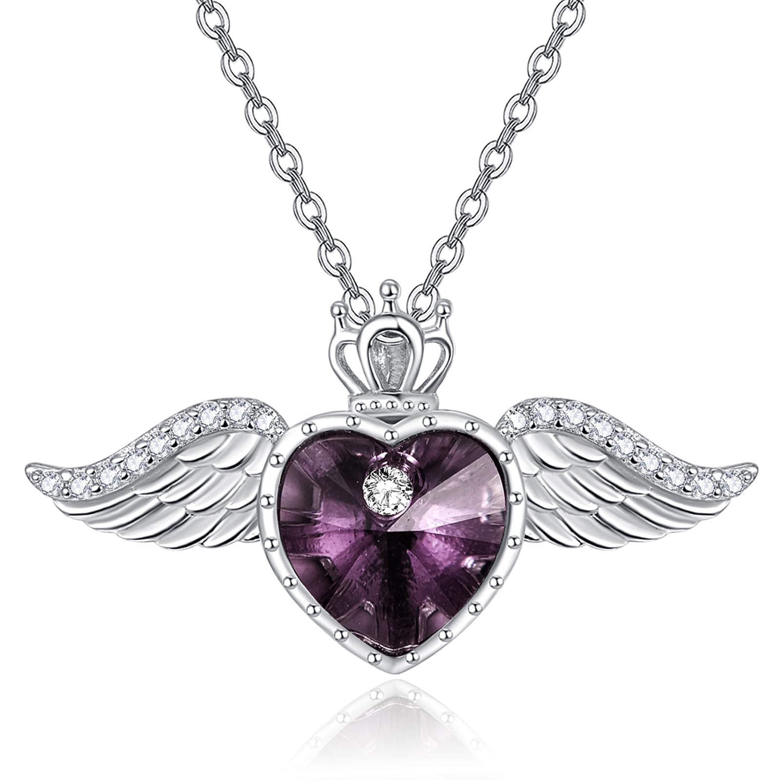 TANGPOET Engelsflügel Halskette 925 Sterling Silber Liebe Herz Kristall Kette Königin Krone Anhänger Geburtsstein Schmuck Geschenk für Frauen Mädchen mit Geschenkbox
