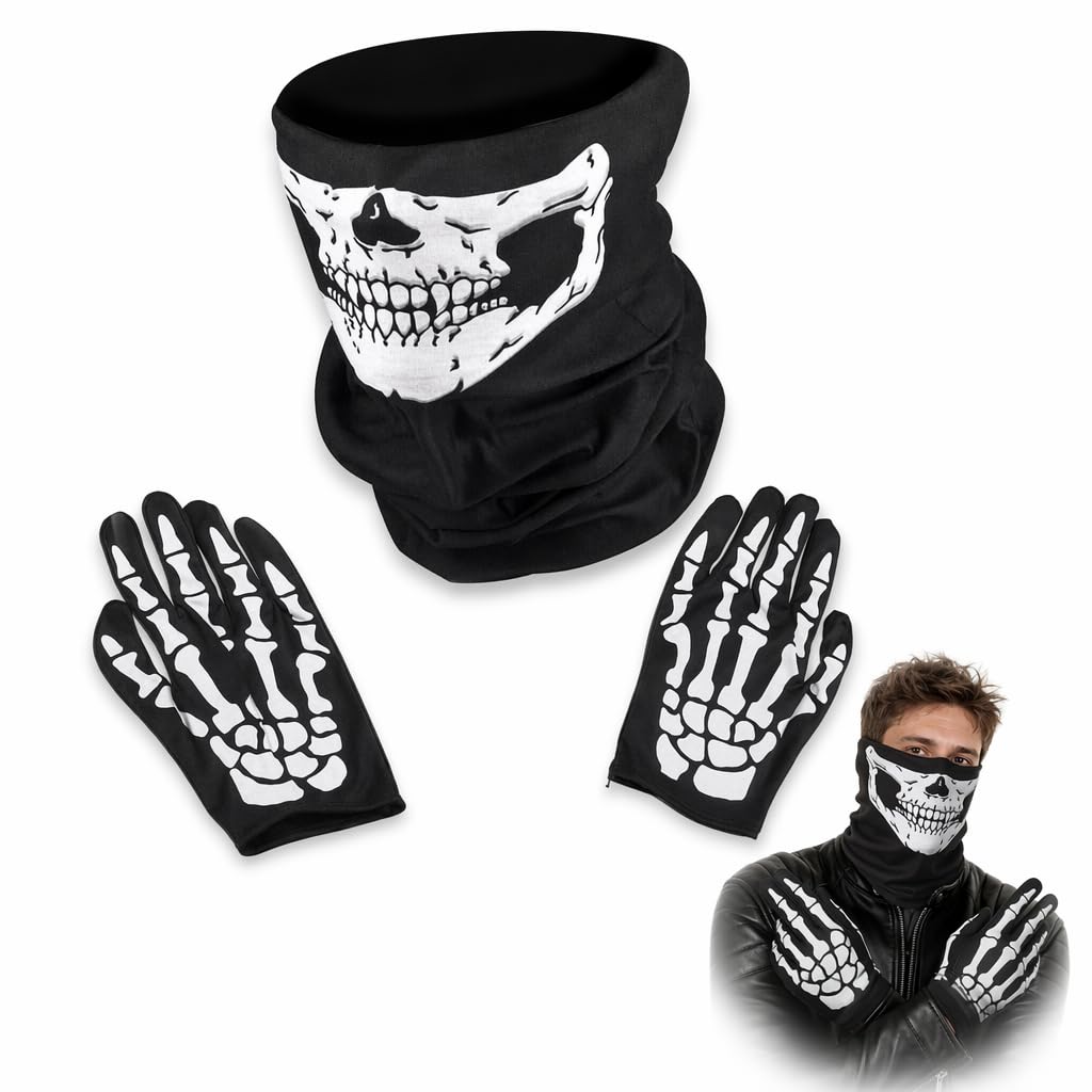 XcnPer 2Pcs Skull Mask Set, Ghost Face Mask and Spooky Gloves, Complete Skeleton Costume for Halloween Parties, Cosplay Events and Themed Celebrations, One Size Adjustable Design