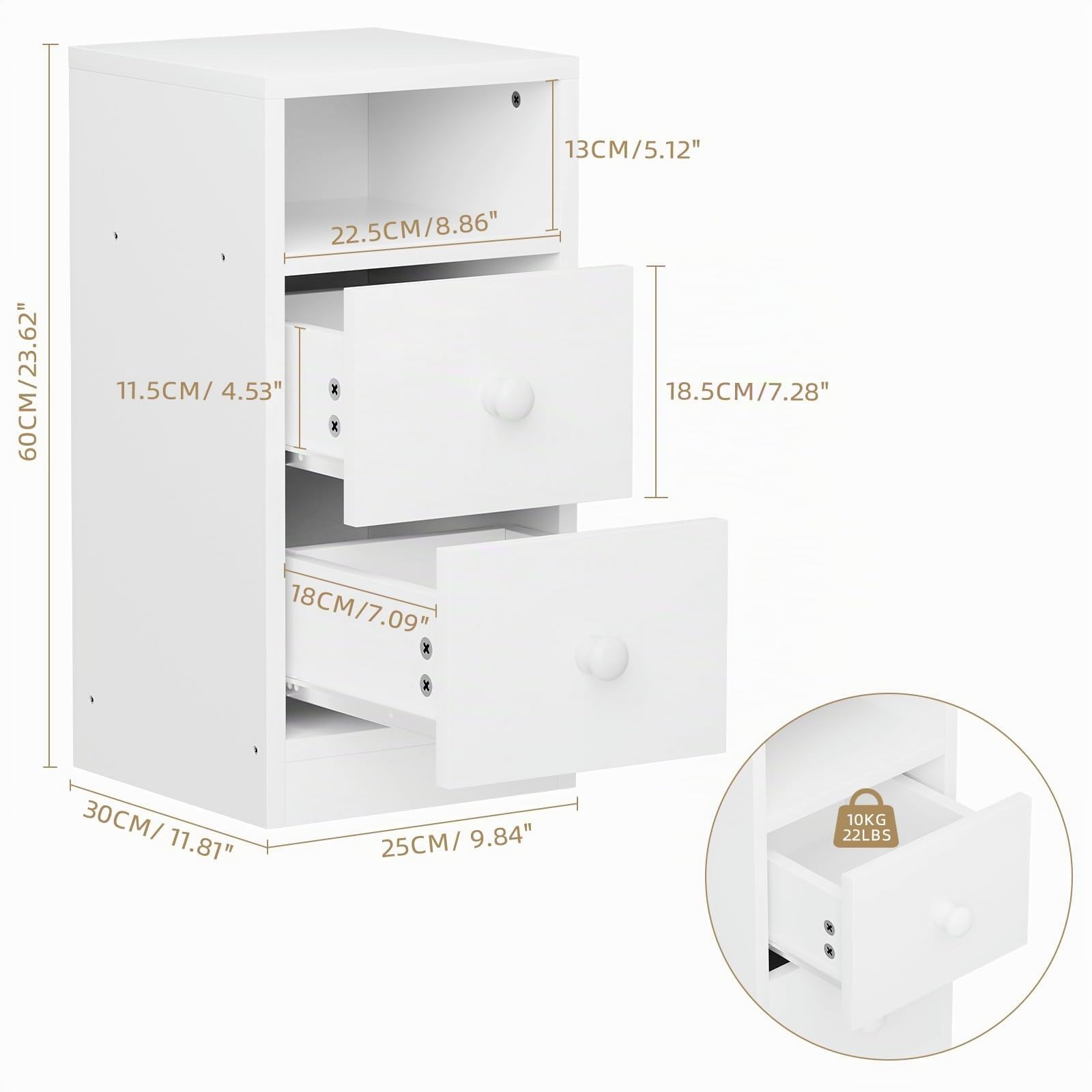 Bonnlo Nachttisch Weiß 2er Set, Kommode mit 2 Schubladen, Konsolentisch Schmal mit offenem Fach, Nachtschrank Boxspringbett aus MDF mit Stauraum für Schlafzimmer, Modern, 25x30x60cm