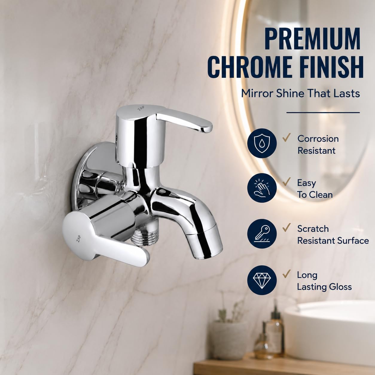 ZAP 2-in-1 Brass Bib Cock Tap for Bathroom & Kitchen | Dual Outlet Wall Mounted Faucet with Foam Flow Aerator | Quarter Turn Handle | Chrome Finish Two Way Water Tap with Wall Flange 3