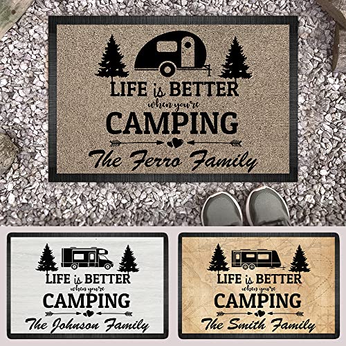 Personalized Campsite Doormat - Life is Better When You are Camping Custom Family Name Door Mat, RV Campers Accessories for Inside Outside, Funny Travel Trailers Rugs Decorations, 16 x 24 inches