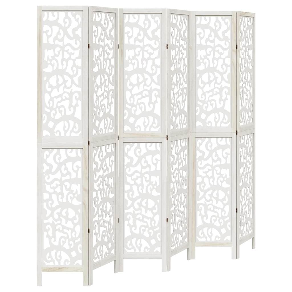 Vidaxl White Paulownia Room Divider, 6-Piece Screen With Filigree Pattern, Divider For Bedroom, Living Room, Office, Room Divider, Solid Wood