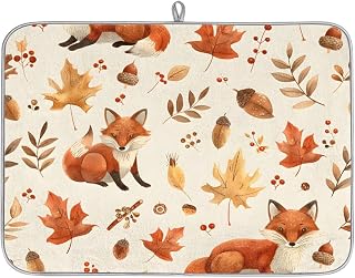 Fox Leaves Nuts Berries Dish Drying Mat, Absorbent Dishes Drainer Mats for Kitchen Counter, 16 x 18 Inch Dish Drying Pad for Dishes, Pots and Pans, Draining Racks